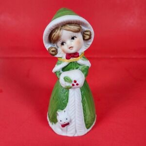 Holiday Belle Porcelain Bell Girl with Cat and Holly Handcrafted in Taiwan 1978